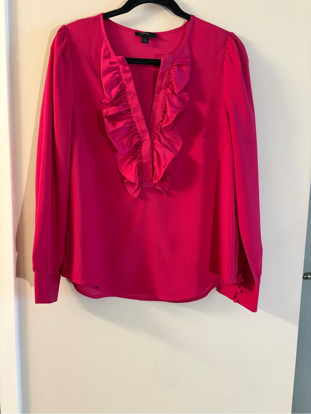 J. Crew Vibrant Hot Pink Ruffle V-Neck Blouse- Casual/Formal; Elegant look; chic